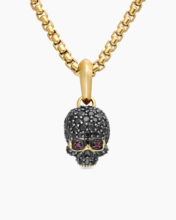 Crâne Memento Mori avec pavé de diamants noirs intégral, rubis et or jaune 18 carats, 14 mm