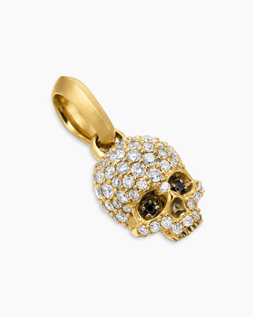 Mens Memento Mori Skull in Full Pavé Diamonds, Black Diamonds and 18K Yellow Gold, 14mm