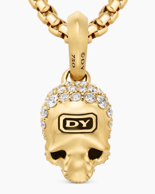 Mens Memento Mori Skull in Full Pavé Diamonds, Black Diamonds and 18K Yellow Gold, 14mm