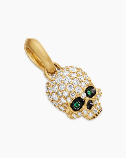 Mens Memento Mori Skull in Full Pavé Diamonds, Emeralds and 18K Yellow Gold, 14mm