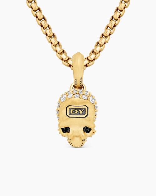 Mens Memento Mori Skull in Full Pavé Diamonds, Emeralds and 18K Yellow Gold, 14mm