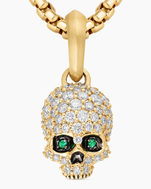 Mens Memento Mori Skull in Full Pavé Diamonds, Emeralds and 18K Yellow Gold, 14mm