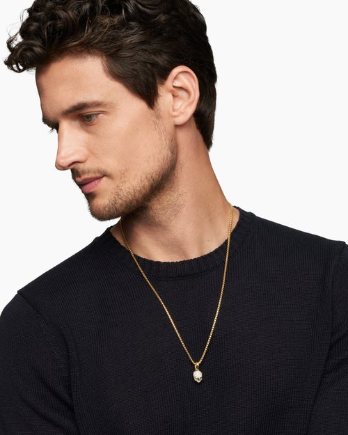 Mens Memento Mori Skull in Full Pavé Diamonds, Emeralds and 18K Yellow Gold, 14mm