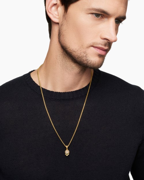 Mens Memento Mori Skull in Full Pavé Diamonds, Emeralds and 18K Yellow Gold, 14mm