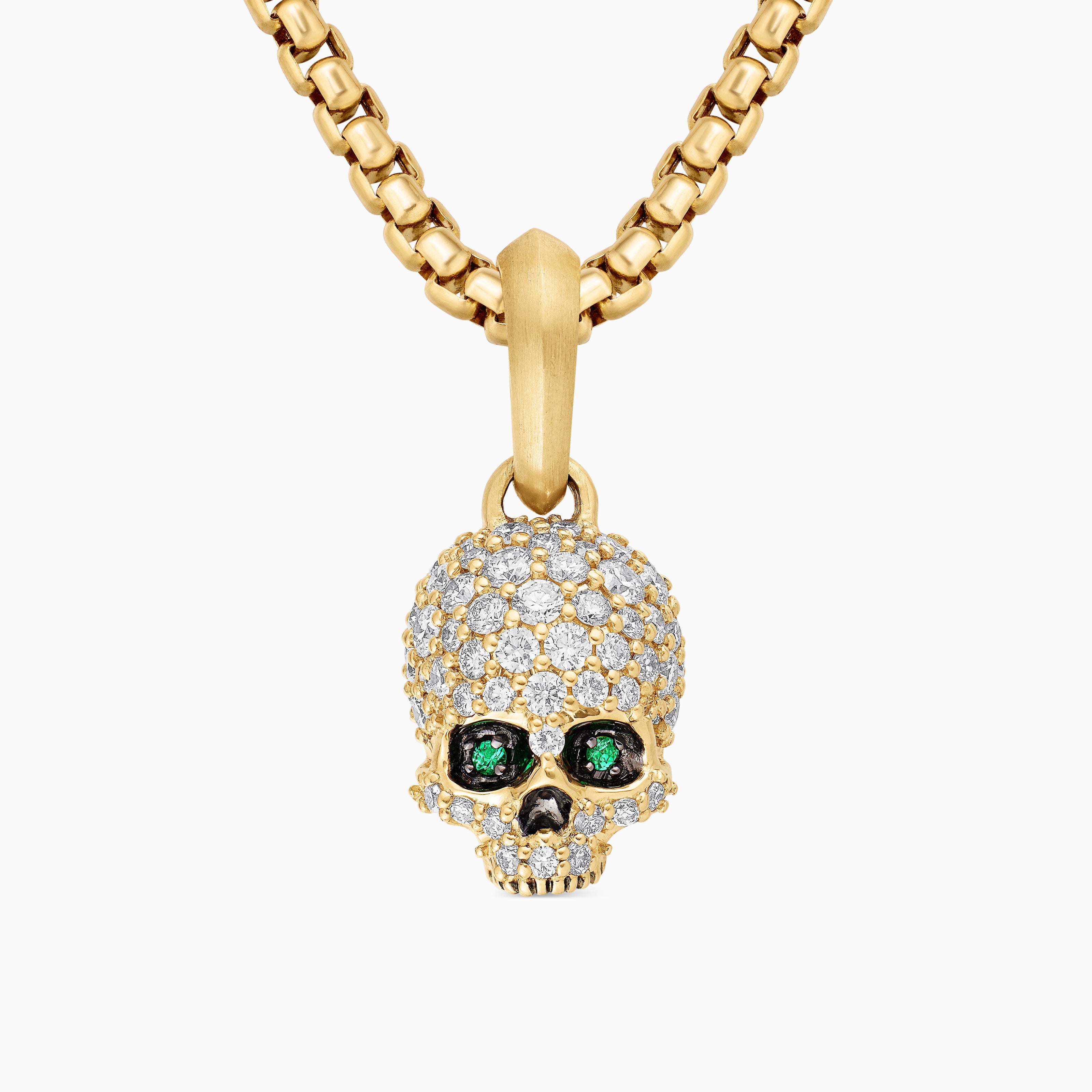 Mens Memento Mori Skull in Full Pav&eacute; Diamonds, Emeralds and 18K Yellow Gold, 14mm