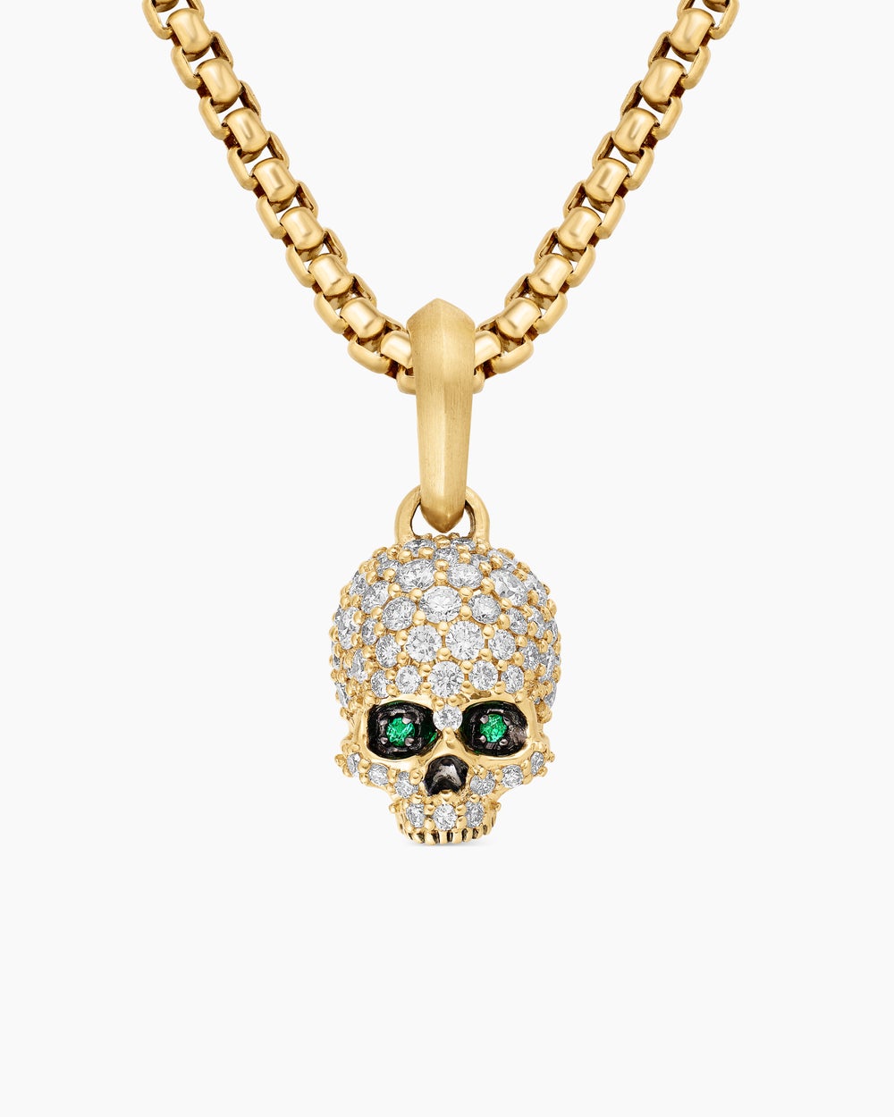 Mens Memento Mori Skull in Full Pavé Diamonds, Emeralds and 18K Yellow Gold, 14mm
