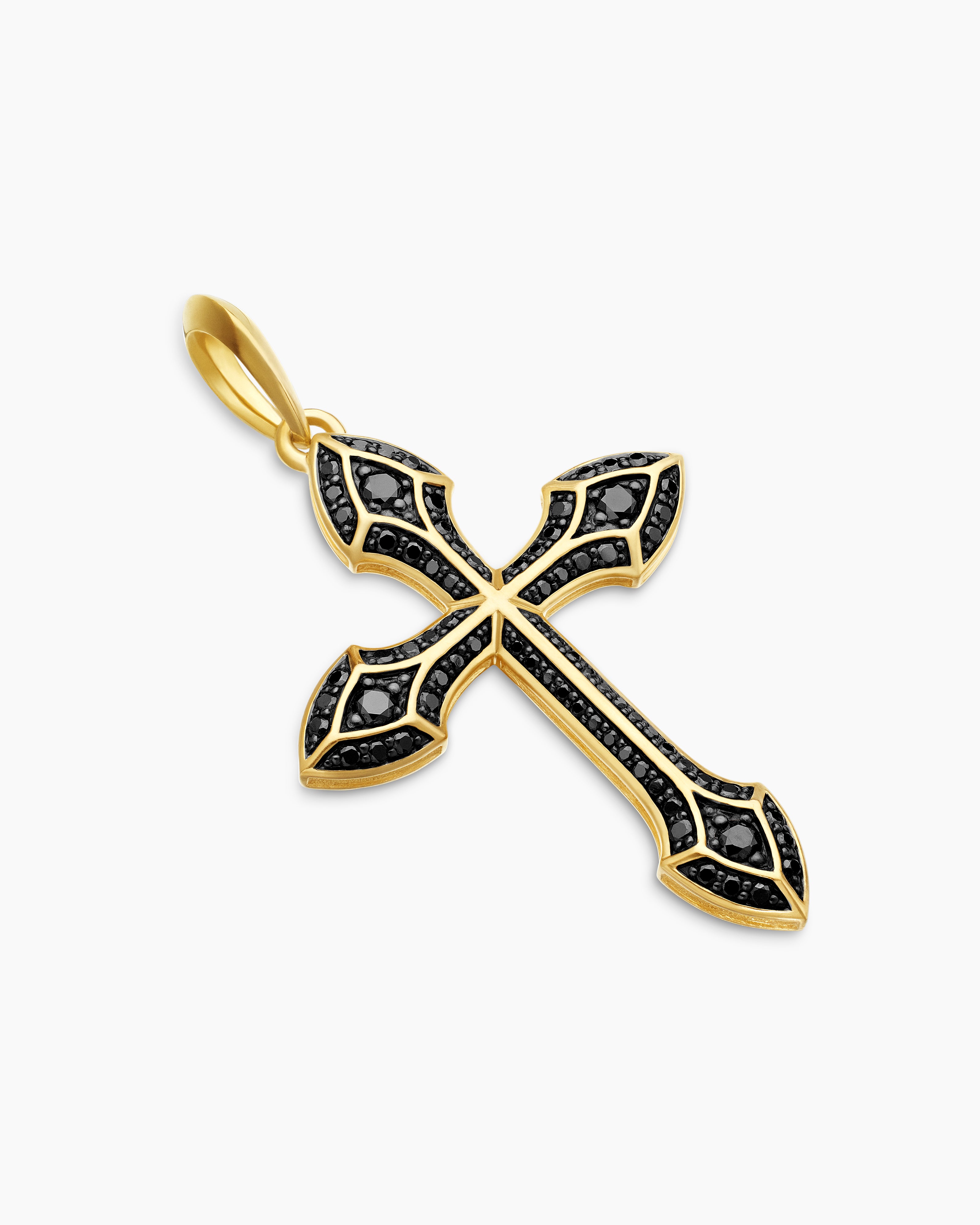 Mens Gothic Cross Amulet in 18K Yellow Gold with Black Diamonds 