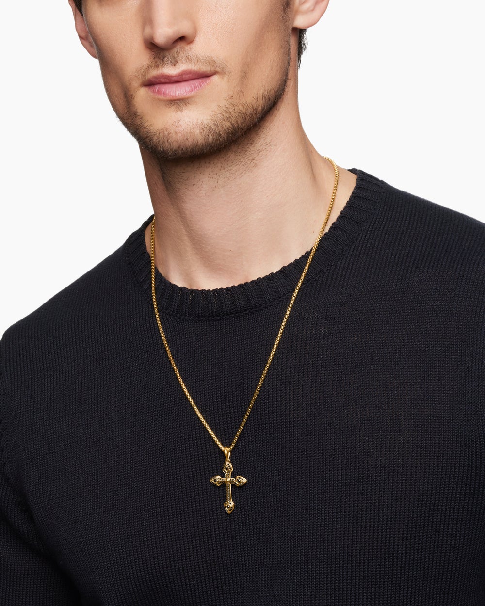 Mens Gothic Cross Pendant in 18K Yellow Gold with Black Diamonds, 36.5mm