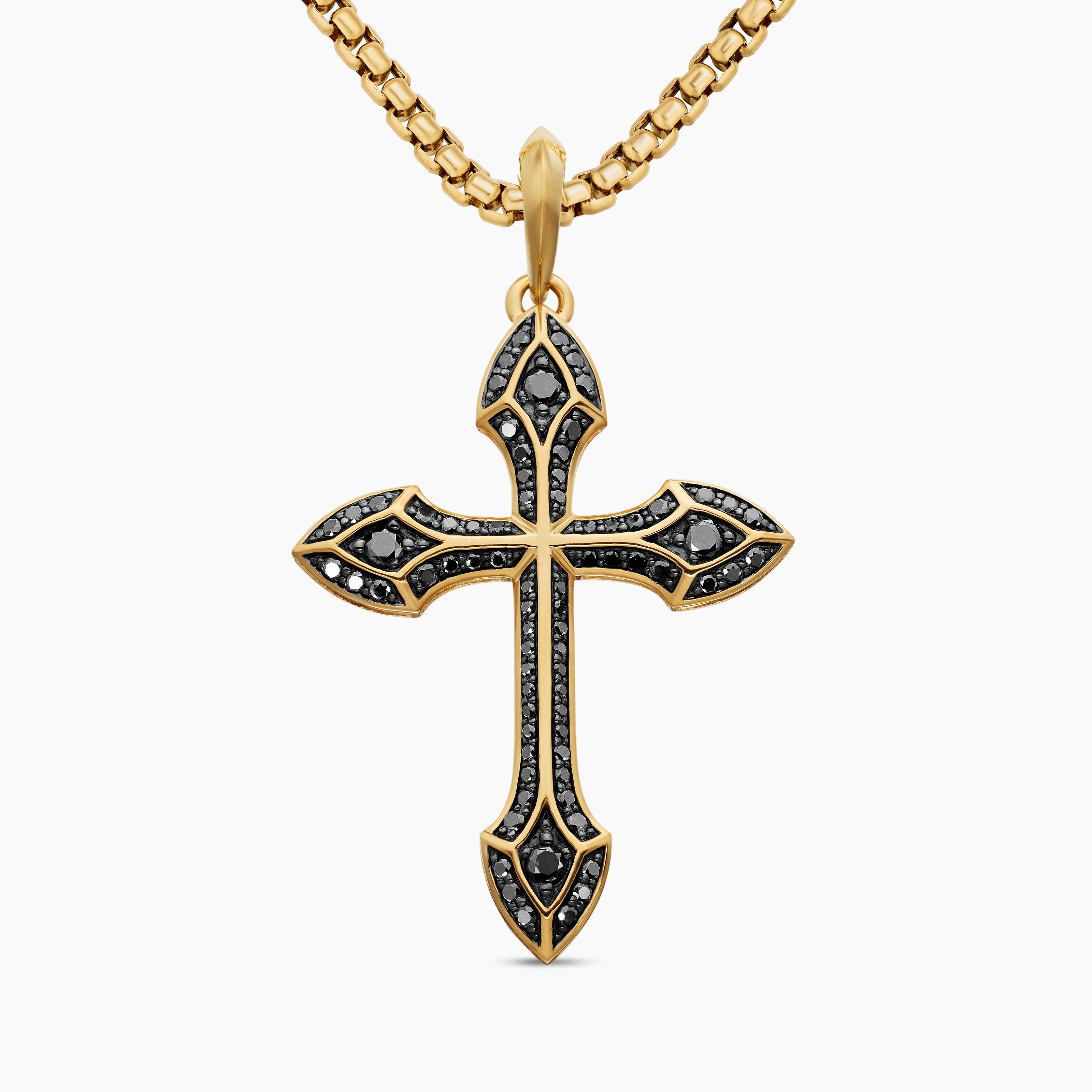 Mens Gothic Cross Pendant in 18K Yellow Gold with Black Diamonds, 36.5mm