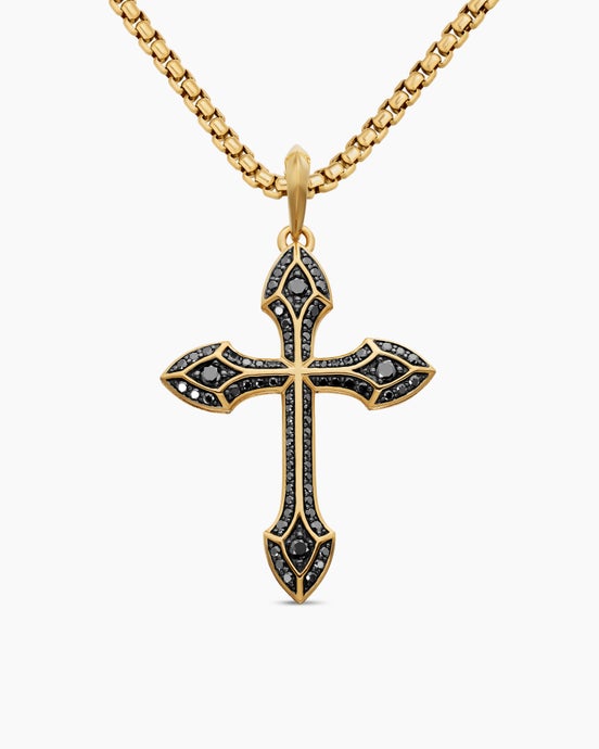 Gothic Cross Pendant in 18K Yellow Gold with Black Diamonds, 36.5mm