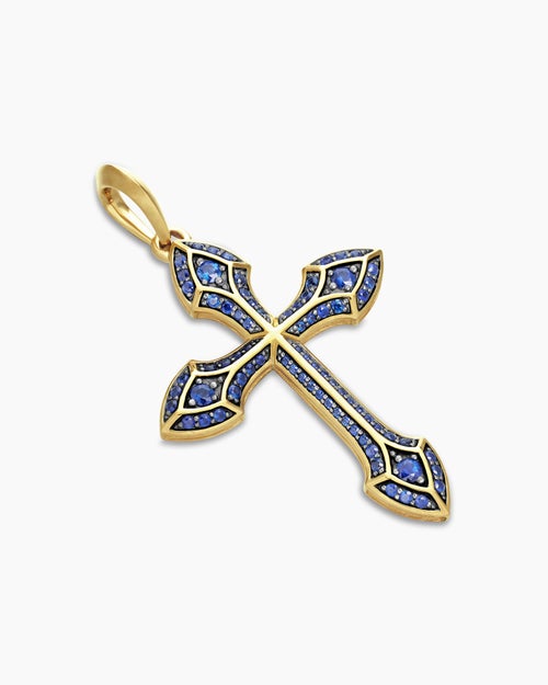 Mens Gothic Cross Pendant in 18K Yellow Gold with Blue Sapphires, 36.5mm