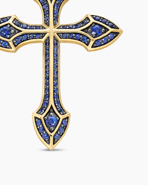 Mens Gothic Cross Pendant in 18K Yellow Gold with Blue Sapphires, 36.5mm