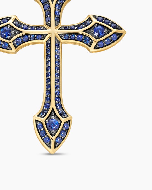 Gothic Cross Pendant in 18K Yellow Gold with Blue Sapphires, 36.5mm