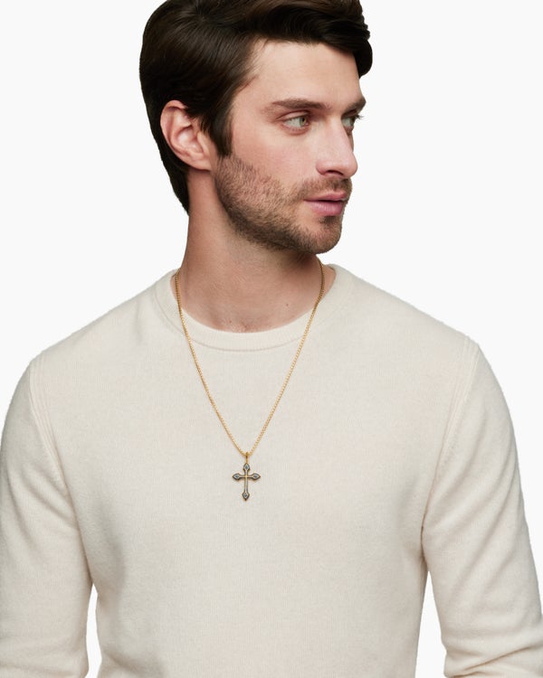 Gothic Cross Amulet in 18K Yellow Gold with Sapphires, 36.5mm