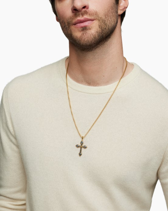 Gothic Cross Pendant in 18K Yellow Gold with Blue Sapphires, 36.5mm