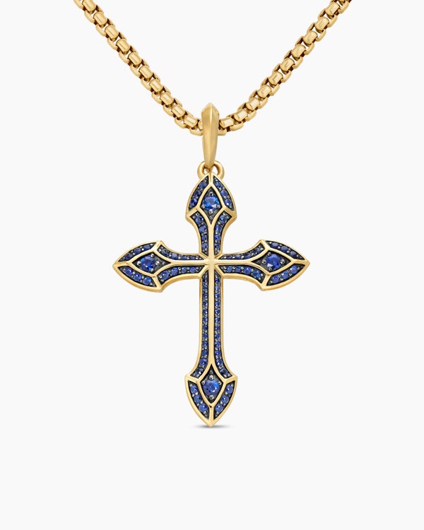 Gothic Cross Pendant in 18K Yellow Gold with Blue Sapphires, 36.5mm