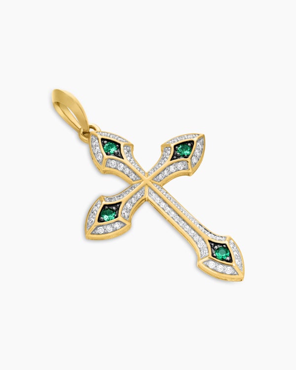 Gothic Cross Pendant in 18K Yellow Gold with Diamonds and Emeralds, 36.5mm