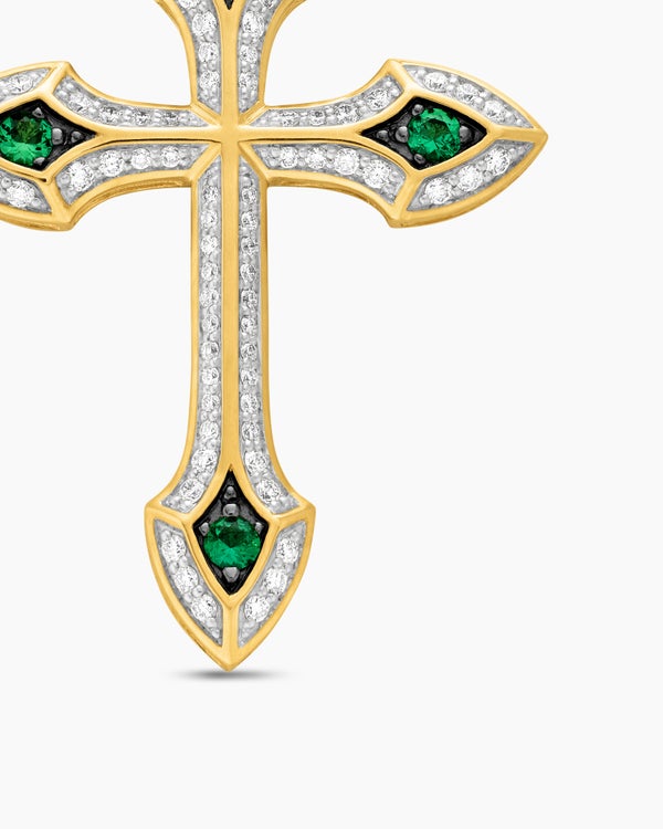 Gothic Cross Pendant in 18K Yellow Gold with Diamonds and Emeralds, 36.5mm