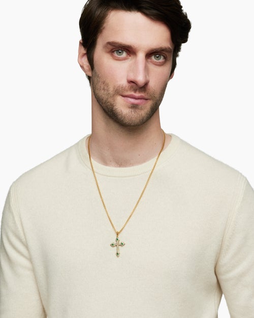 Mens Gothic Cross Pendant in 18K Yellow Gold with Diamonds and Emeralds, 36.5mm