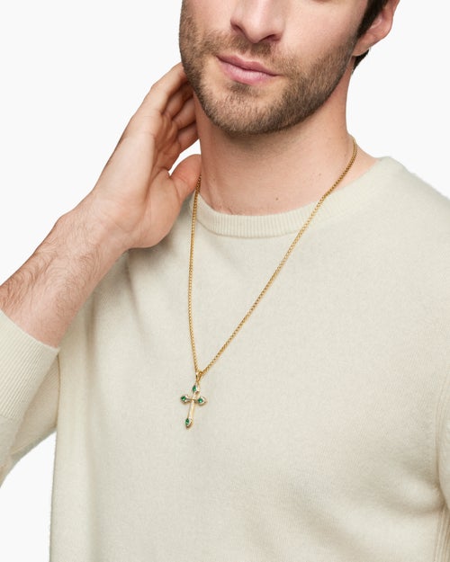 Mens Gothic Cross Pendant in 18K Yellow Gold with Diamonds and Emeralds, 36.5mm