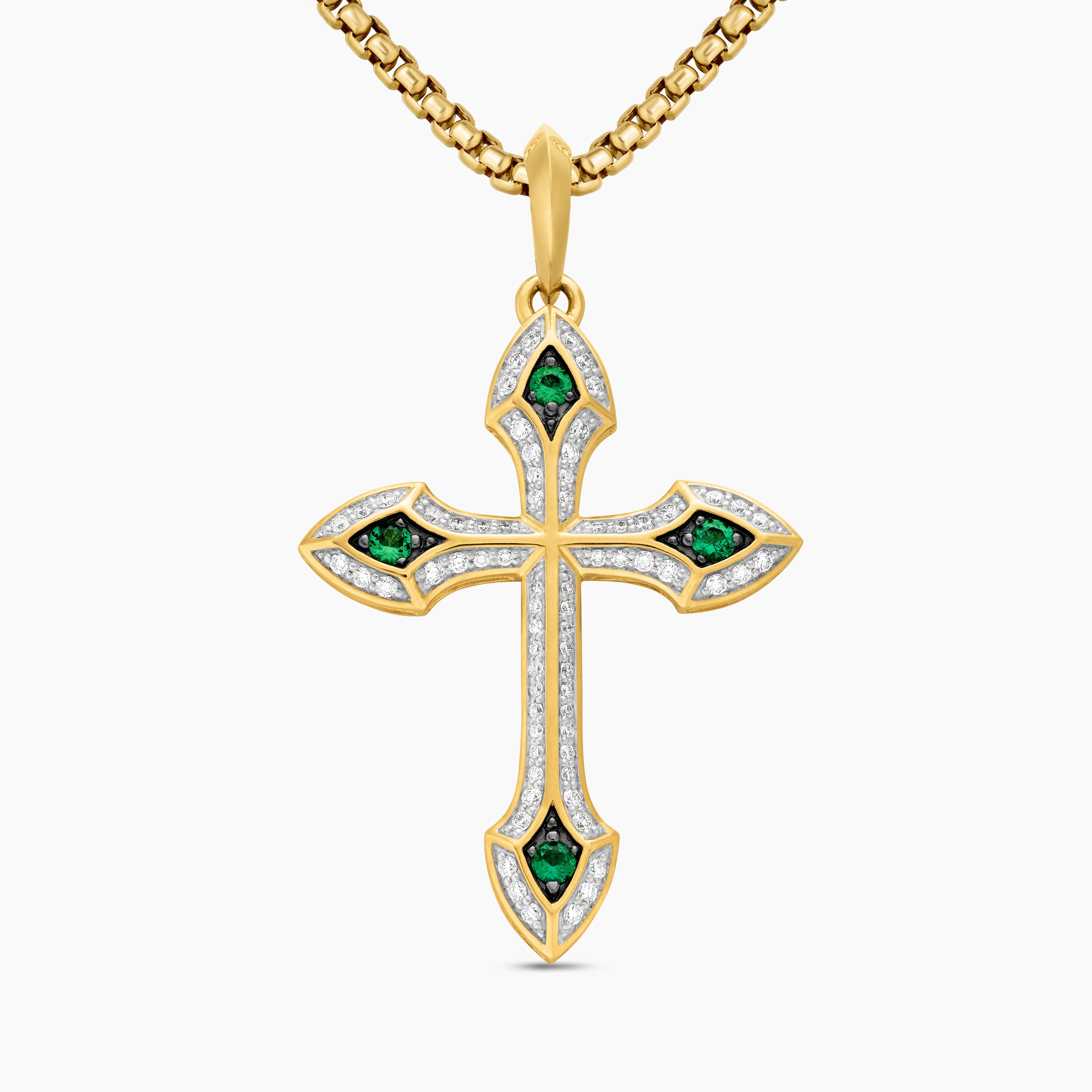 Mens Gothic Cross Pendant in 18K Yellow Gold with Diamonds and Emeralds, 36.5mm