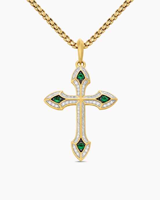 Gothic Cross Pendant in 18K Yellow Gold with Diamonds and Emeralds, 36.5mm