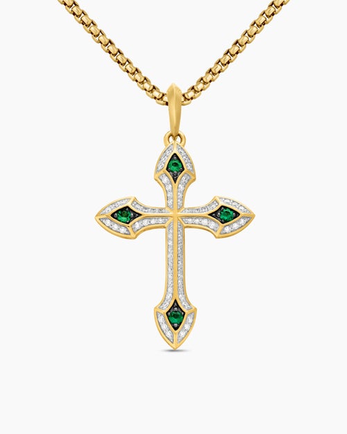 Mens Gothic Cross Pendant in 18K Yellow Gold with Diamonds and Emeralds, 36.5mm