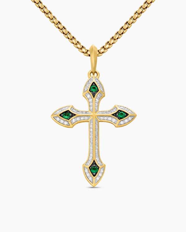 Gothic Cross Pendant in 18K Yellow Gold with Diamonds and Emeralds, 36.5mm