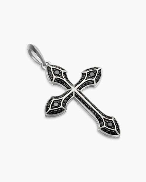 Mens Gothic Cross Pendant in 18K White Gold with Black Diamonds, 36.5mm