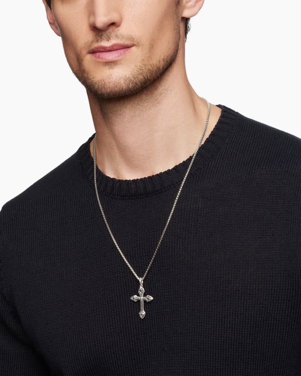 Gothic Cross Pendant in 18K White Gold with Black Diamonds, 36.5mm