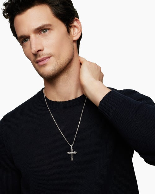 Mens Gothic Cross Pendant in 18K White Gold with Black Diamonds, 36.5mm