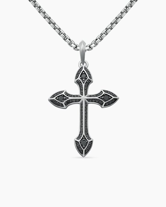 Gothic Cross Pendant in 18K White Gold with Black Diamonds, 36.5mm