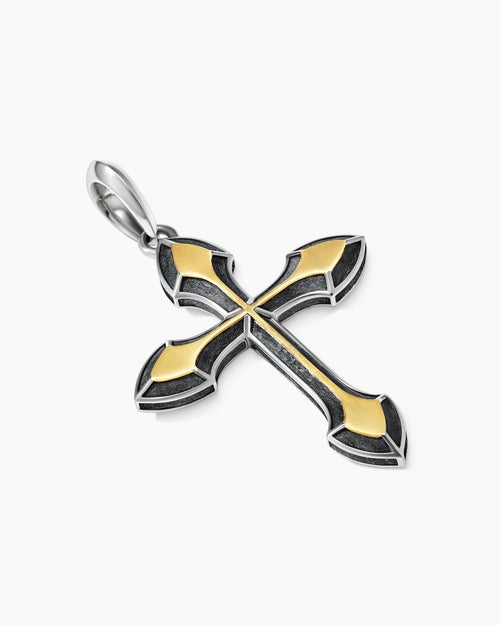 Mens Gothic Cross Pendant in Sterling Silver with 18K Yellow Gold, 36.5mm