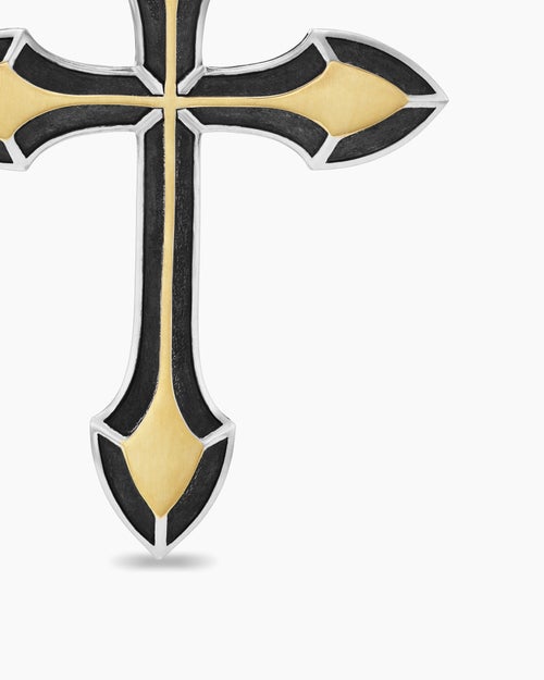 Mens Gothic Cross Pendant in Sterling Silver with 18K Yellow Gold, 36.5mm
