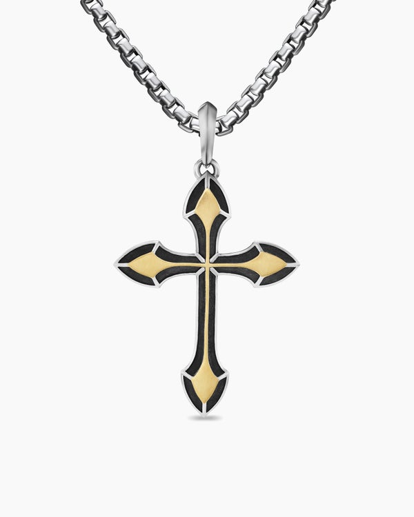 Gothic Cross Pendant in Sterling Silver with 18K Yellow Gold, 36.5mm