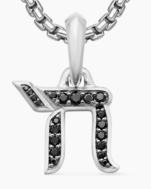 Mens Chai Amulet in Sterling Silver with Black Diamonds, 17mm