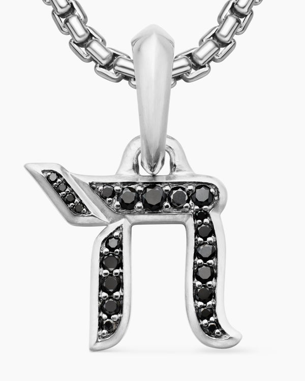 Amulette Chai en argent massif avec diamants noirs, 17 mm