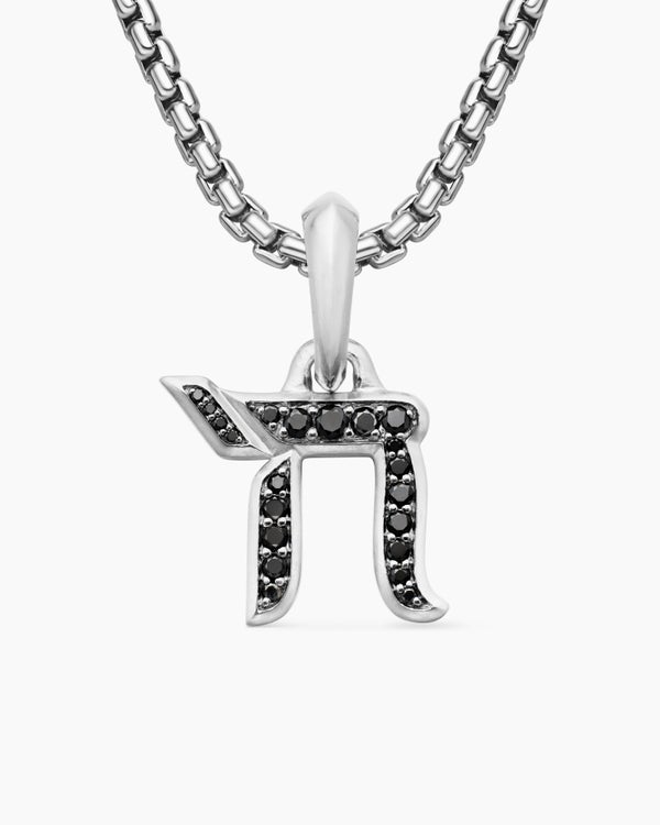 Amulette Chai en argent massif avec diamants noirs, 17 mm