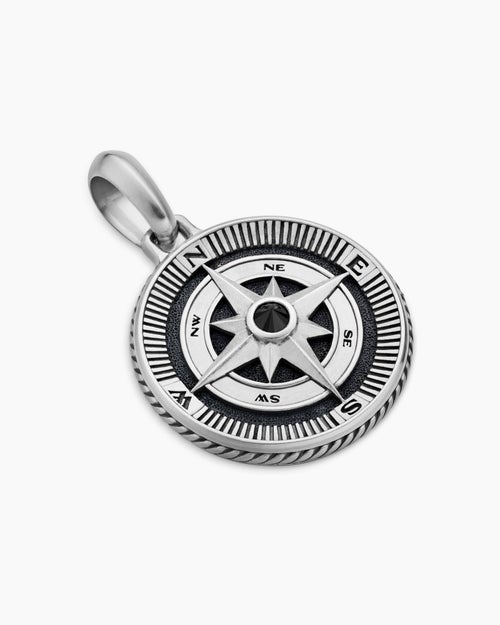 Mens Maritime® Compass Amulet in Sterling Silver with Center Black Diamond, 26.8mm
