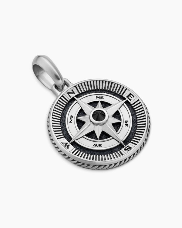 Maritime® Compass Amulet in Sterling Silver with Center Black Diamond, 26.8mm