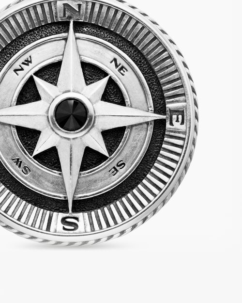 Mens Maritime® Compass Amulet in Sterling Silver with Center Black Diamond, 26.8mm