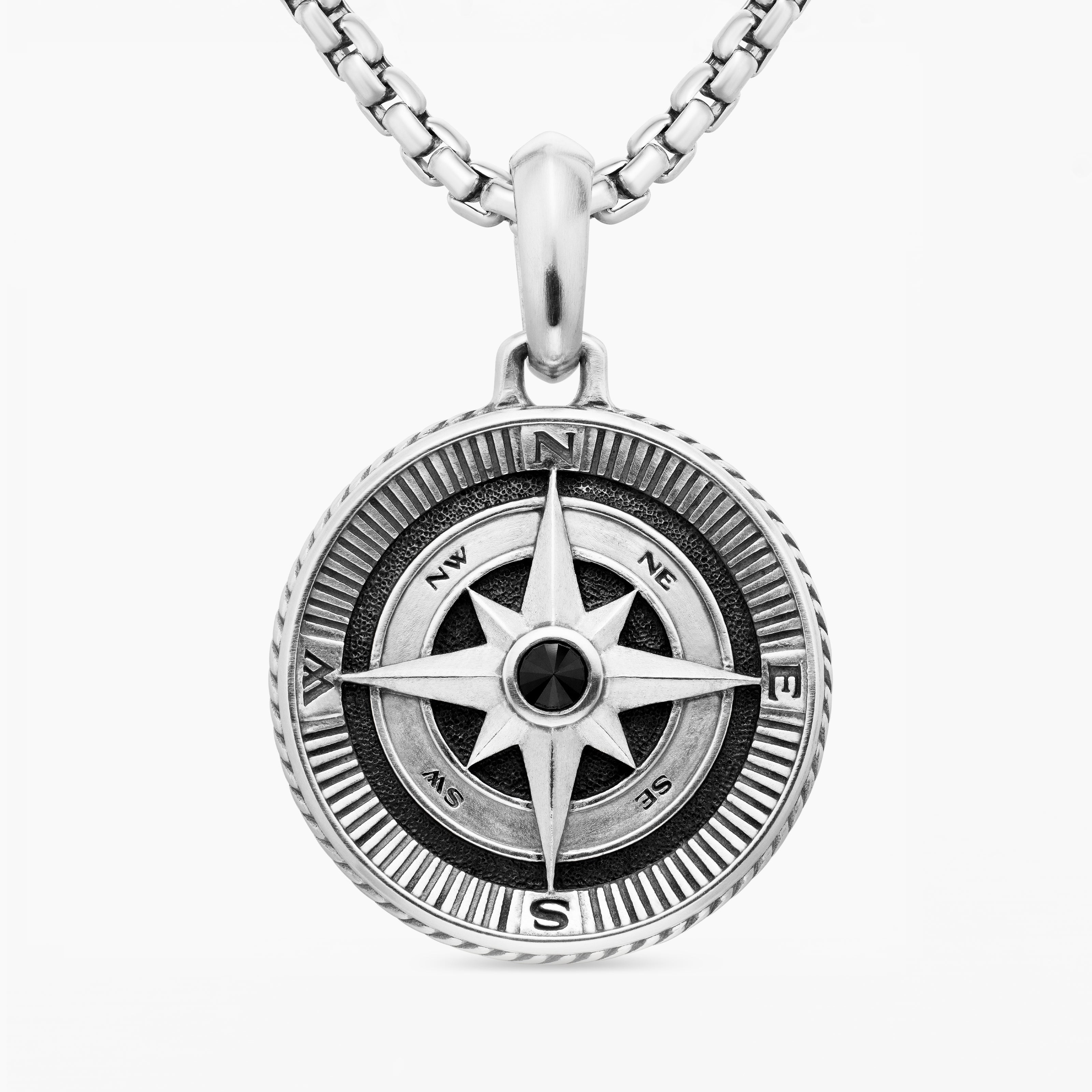 Mens Maritime&reg; Compass Amulet in Sterling Silver with Center Black Diamond, 26.8mm