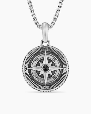 Maritime® Compass Amulet in Sterling Silver with Center Black Diamond, 26.8mm