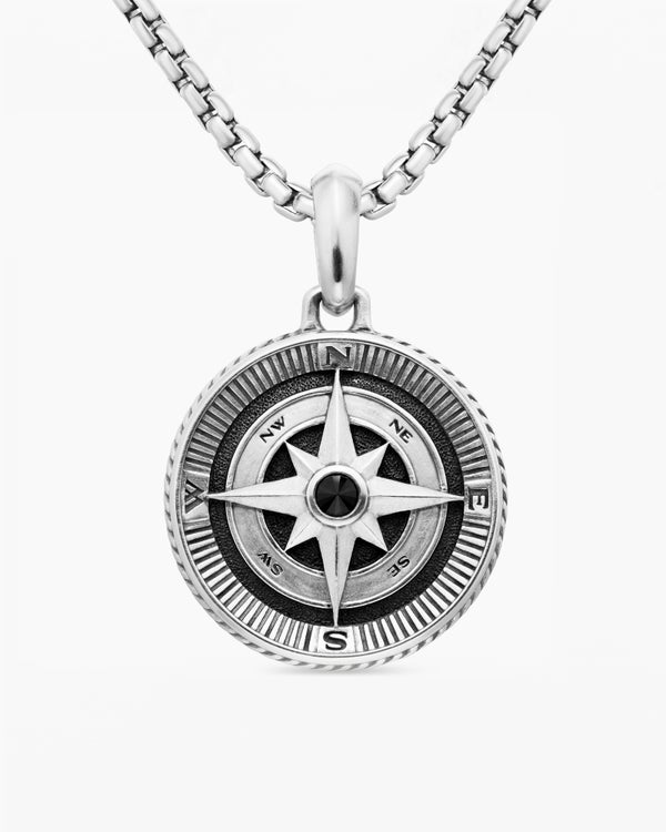 Maritime® Compass Amulet in Sterling Silver with Center Black Diamond, 26.8mm