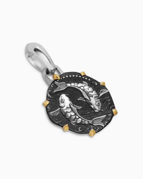 Mens Pisces Amulet in Sterling Silver with 18K Yellow Gold, 23mm