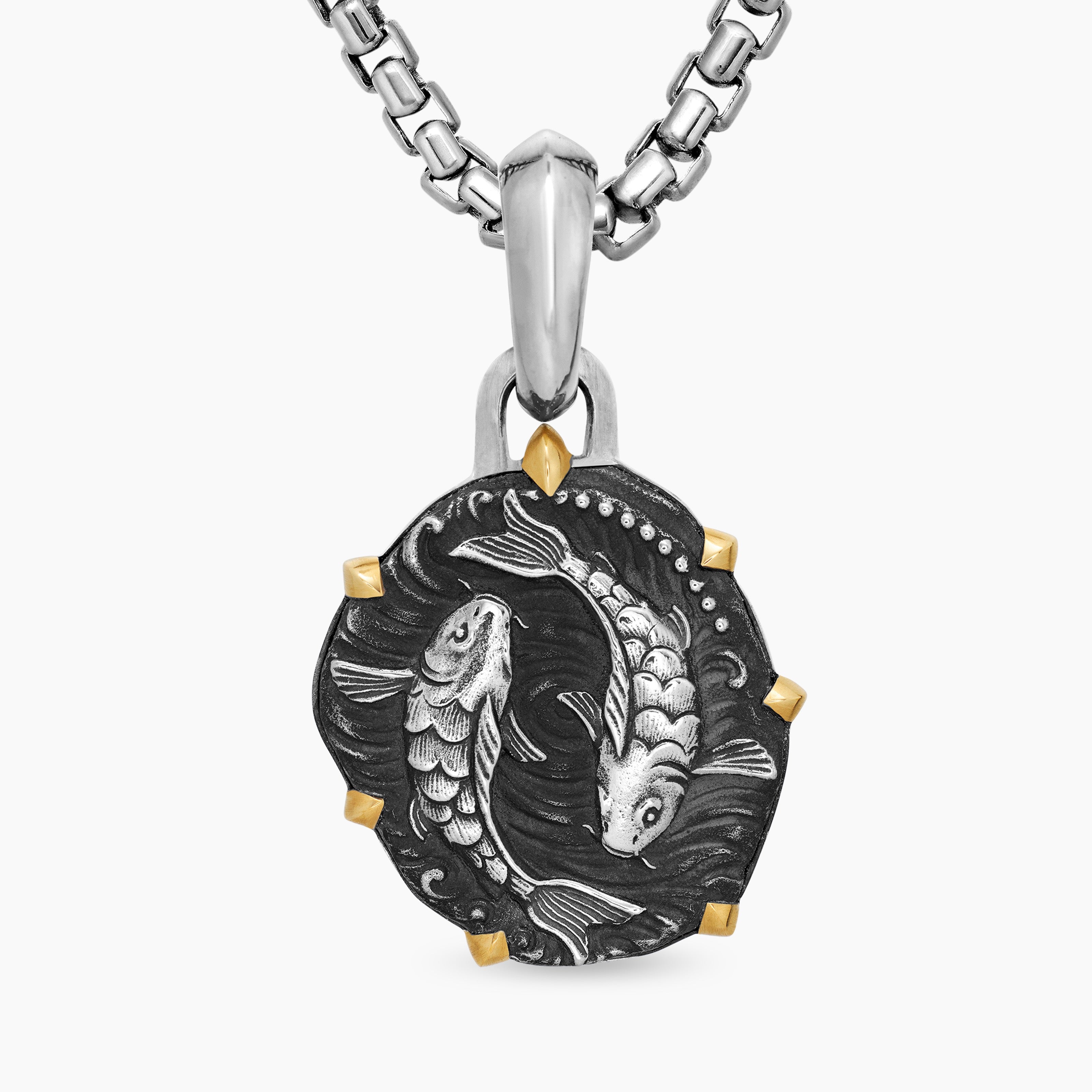 Mens Pisces Amulet in Sterling Silver with 18K Yellow Gold, 23mm