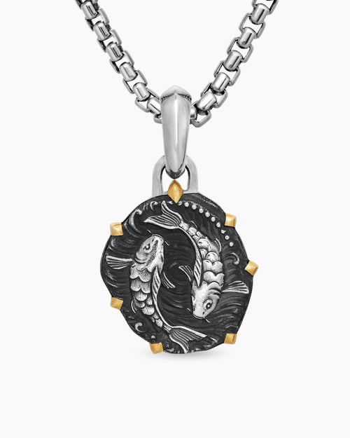 Mens Pisces Amulet in Sterling Silver with 18K Yellow Gold, 23mm