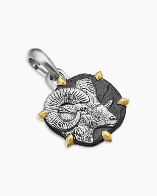 Mens Aries Amulet in Sterling Silver with 18K Yellow Gold, 23mm