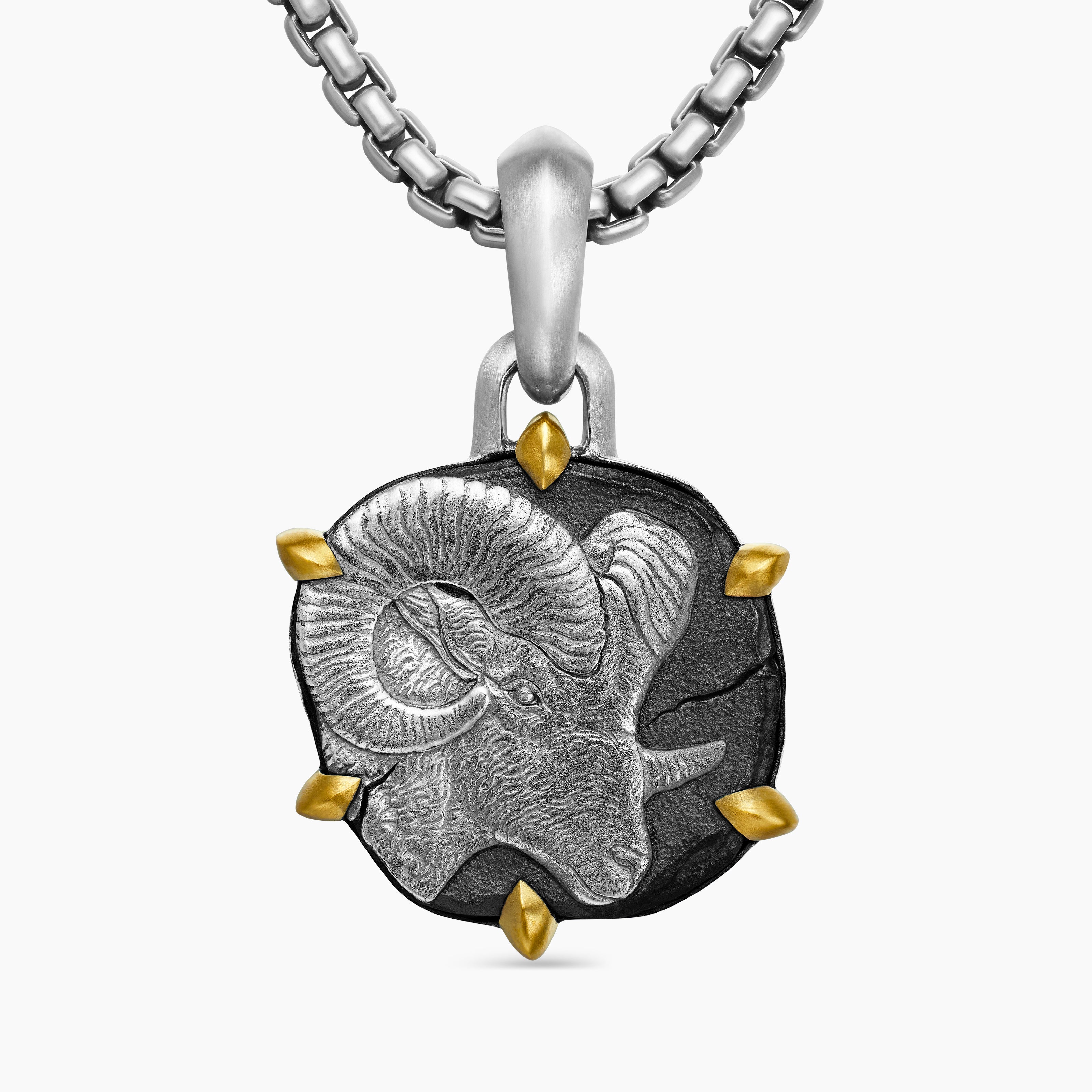 Mens Aries Amulet in Sterling Silver with 18K Yellow Gold, 23mm
