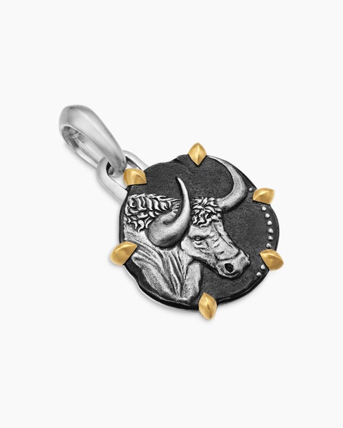 Mens Taurus Amulet in Sterling Silver with 18K Yellow Gold, 23mm